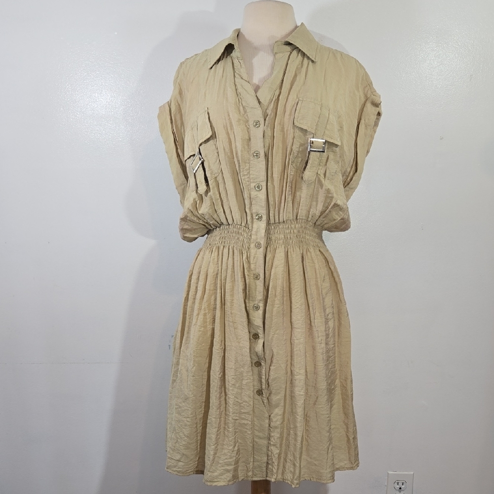 Drama Gold Tan Button-Down Dress 2X